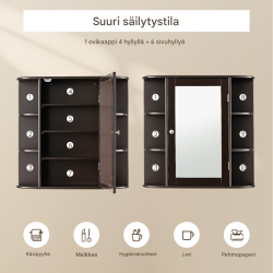 Seinään kiinnitettävä ruskea lääkekaappi peiliovella ja hyllyillä