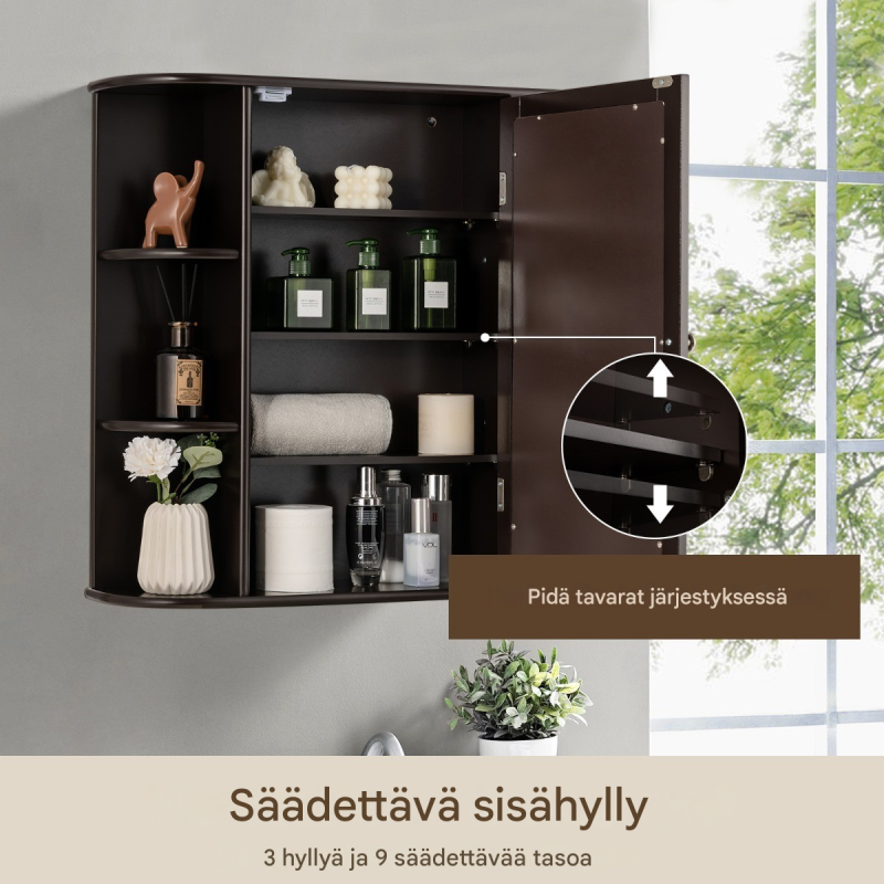 Seinään kiinnitettävä ruskea lääkekaappi peiliovella ja hyllyillä