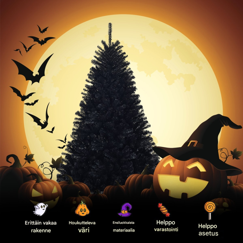 Musta keinotekoinen joulukuusi 225 cm Halloween koristepuu