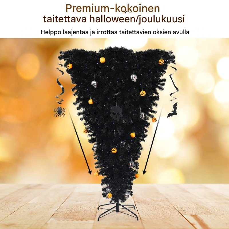 Musta ylösalaisin oleva joulukuusi violeteilla LED-valoilla