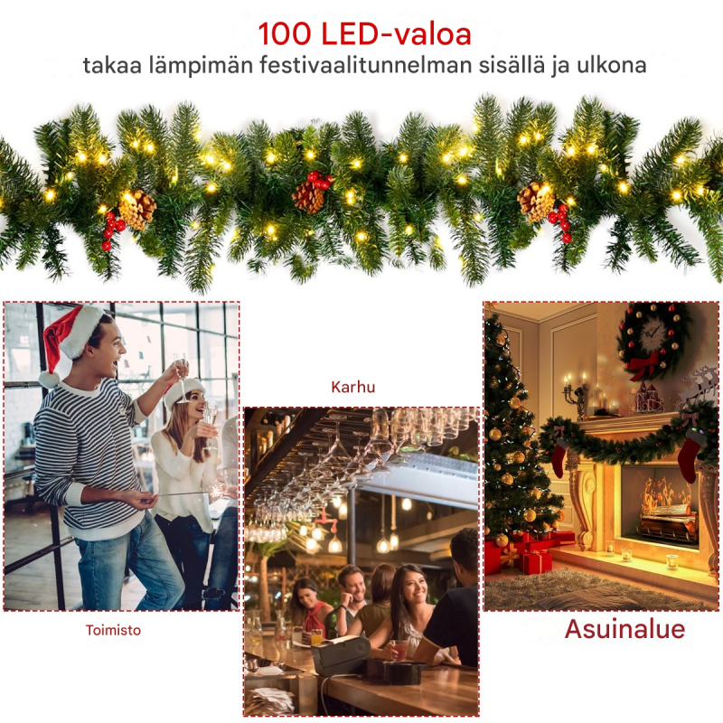 Vihreä 270 cm valaistu jouluköynnös LED-valoilla