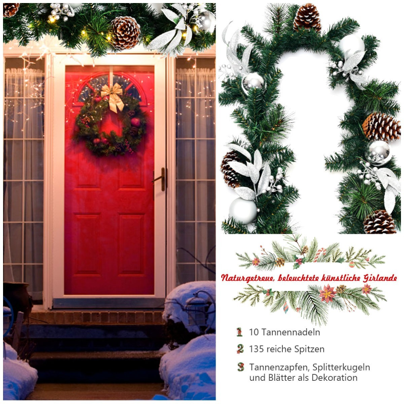 270 cm vihreä jouluköynnös 50 LED-valolla