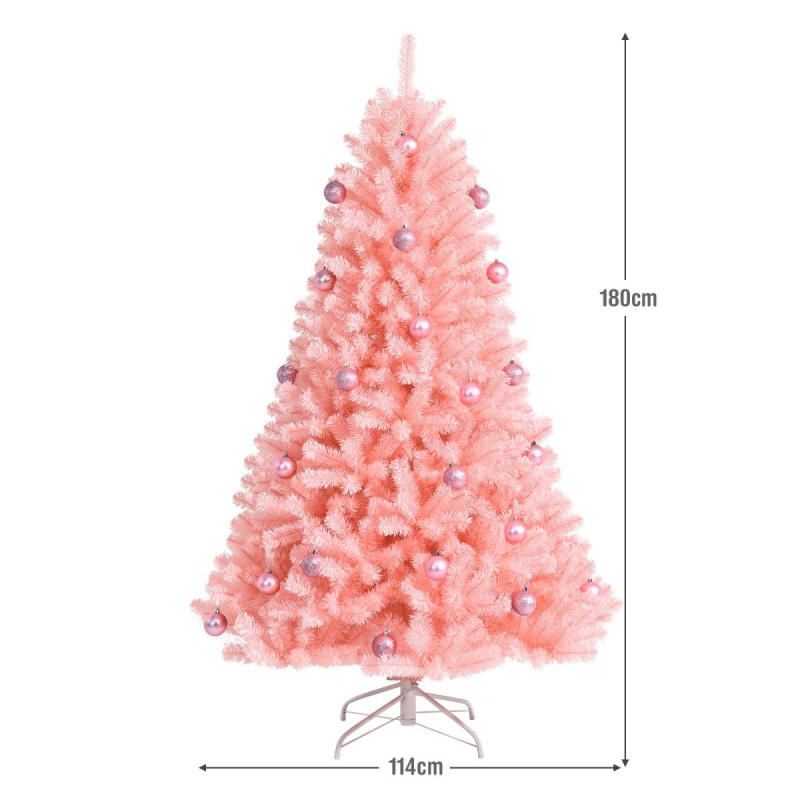 Vaaleanpunainen 180 cm tekokuusi koristeilla ja metallijalalla