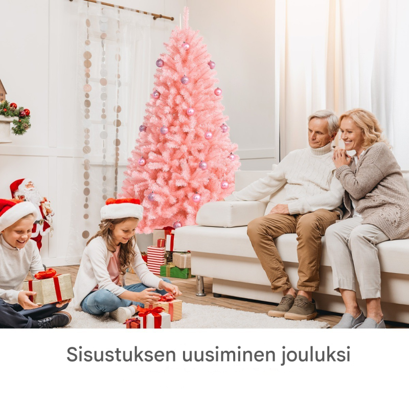 Vaaleanpunainen 180 cm tekokuusi koristeilla ja metallijalalla