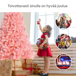 Vaaleanpunainen 180 cm tekokuusi koristeilla ja metallijalalla