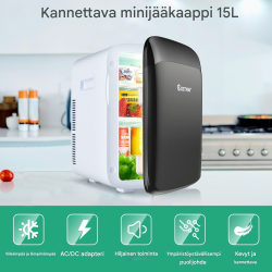 15 litran mini jääkaappi ja lämmitin musta-valkoinen