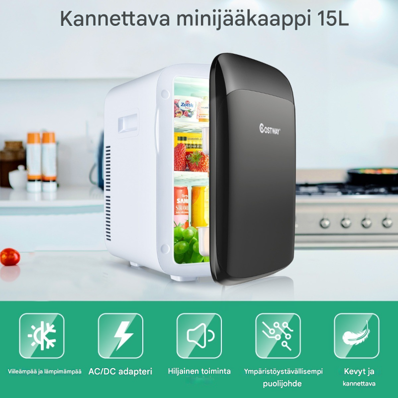 15 litran mini jääkaappi ja lämmitin musta-valkoinen