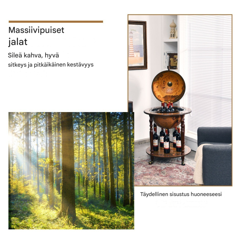 Karttapallo baarikaappi pyörillä ja kannella, ruskea MDF