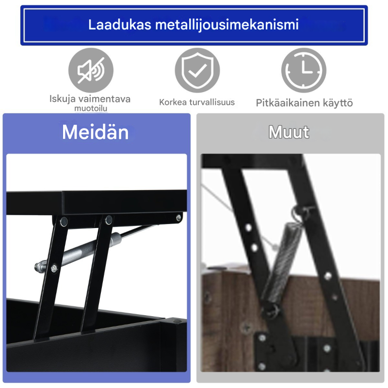 Säädettävä musta sohvapöytä säilytystilalla ja hyllyillä Säädettävä musta sohvapöytä säilytystilalla ja hyllyillä