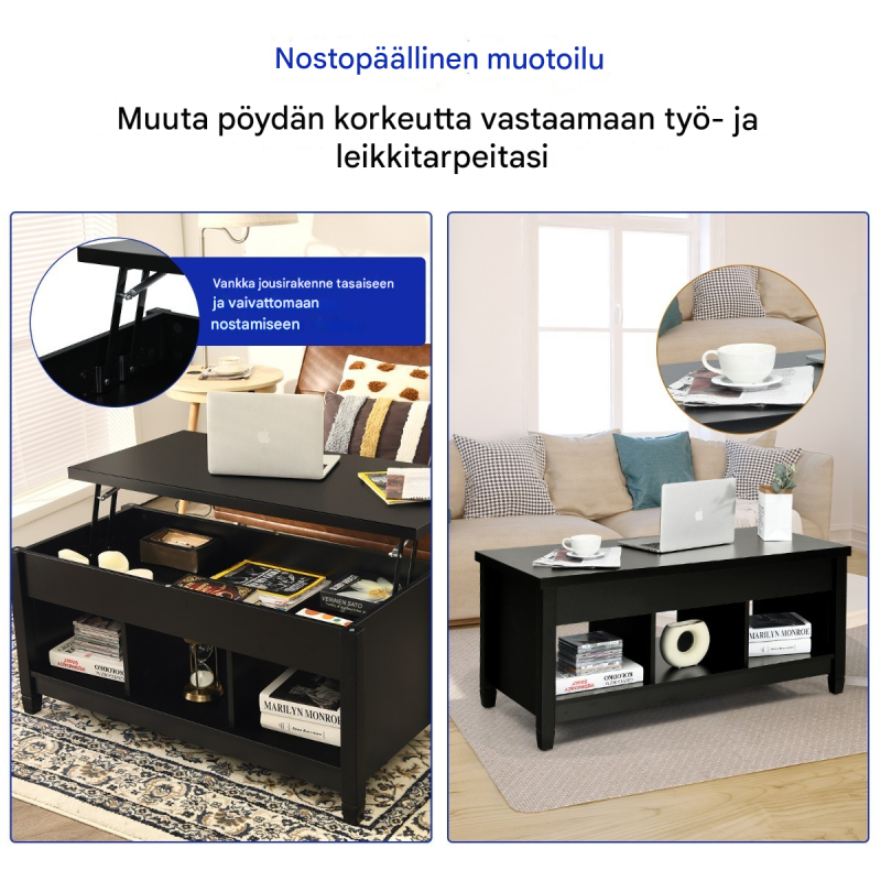 Säädettävä musta sohvapöytä säilytystilalla ja hyllyillä Säädettävä musta sohvapöytä säilytystilalla ja hyllyillä