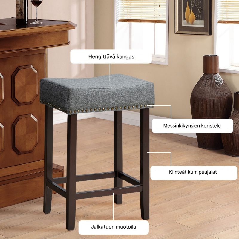 Kaksi harmaata baarijakkaraa, pehmeä istuin, kestävä rakenne