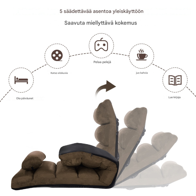 Ruskea monikäyttöinen lattiasohva säädettävällä selkänojalla ja teräsrungolla Ruskea monikäyttöinen lattiasohva säädettävällä selkänojalla ja teräsrungolla
