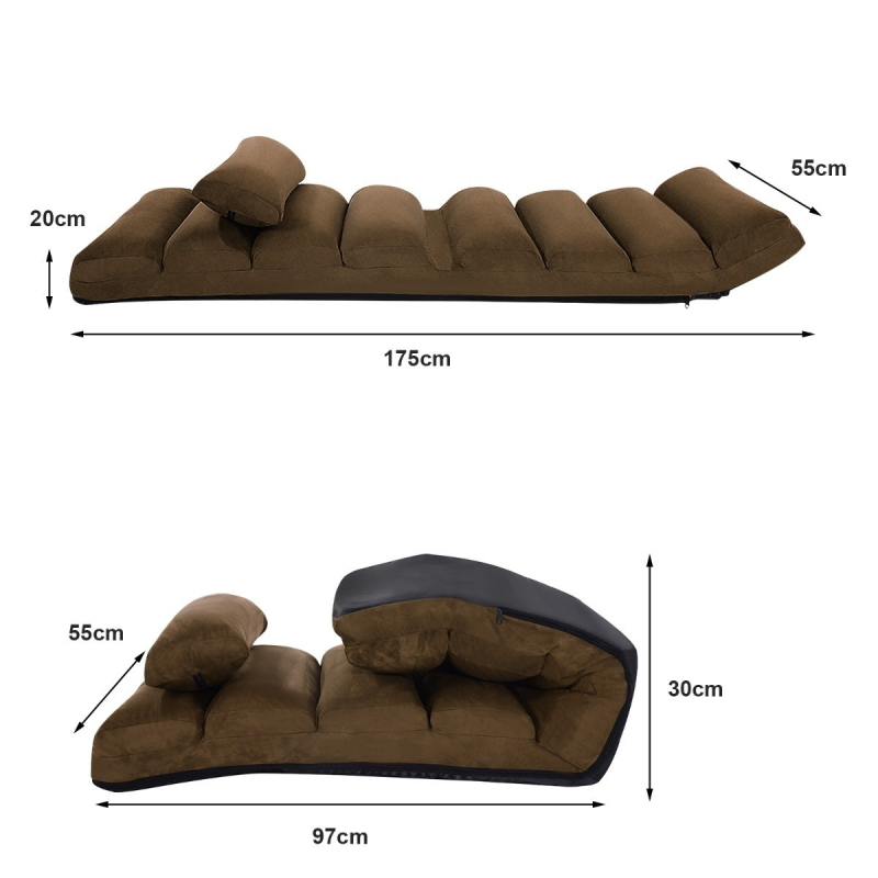 Ruskea monikäyttöinen lattiasohva säädettävällä selkänojalla ja teräsrungolla Ruskea monikäyttöinen lattiasohva säädettävällä selkänojalla ja teräsrungolla