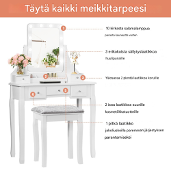 Valkoinen meikkipöytäsetti peilillä ja jakkaralla, 5 laatikkoa