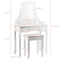 Valkoinen meikkipöytäsetti peilillä ja jakkaralla, 5 laatikkoa