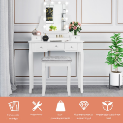 Valkoinen meikkipöytäsetti peilillä ja jakkaralla, 5 laatikkoa
