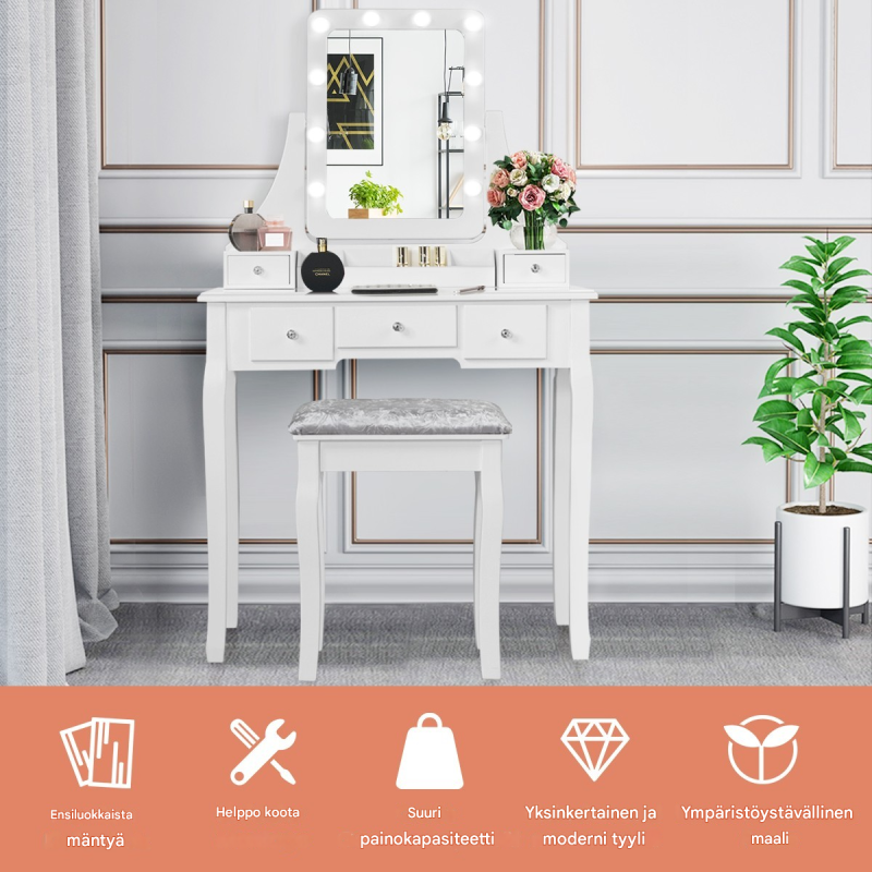 Valkoinen meikkipöytäsetti peilillä ja jakkaralla, 5 laatikkoa