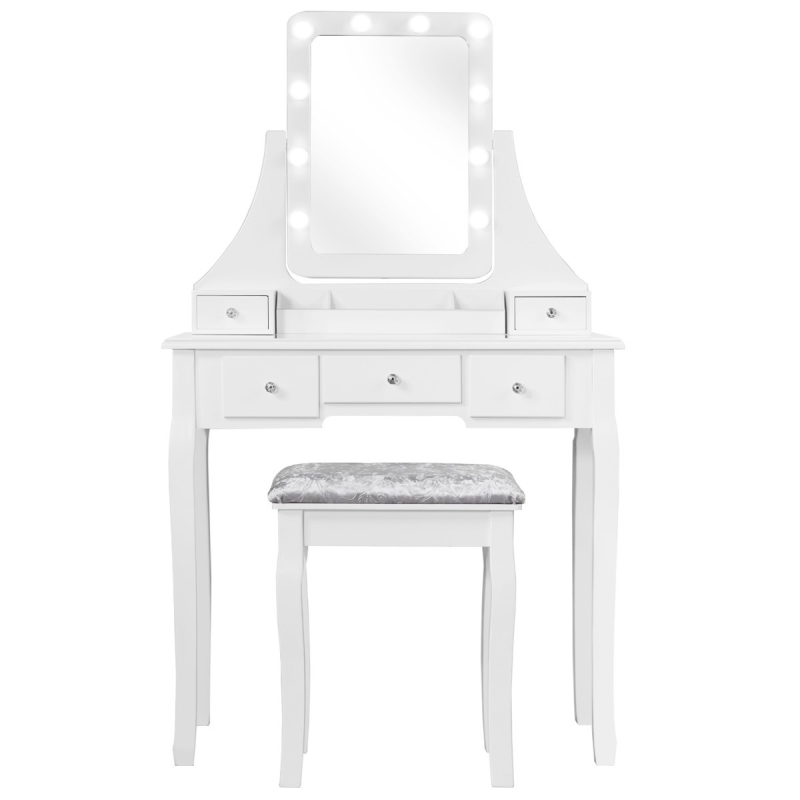 Valkoinen meikkipöytäsetti peilillä ja jakkaralla, 5 laatikkoa