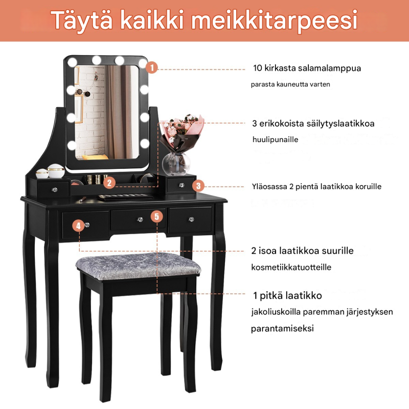 Musta puinen meikkipöytä peilillä ja jakkaralla