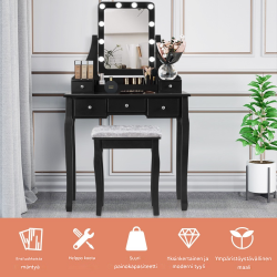 Musta puinen meikkipöytä peilillä ja jakkaralla
