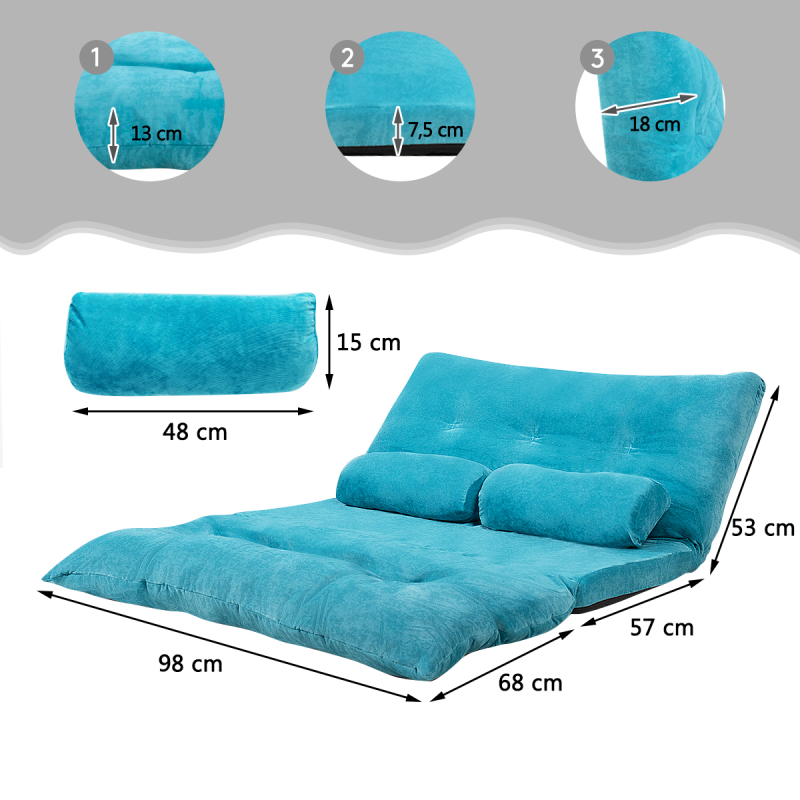 Säädettävä sininen lattiasohva kahdella tyynyllä 180x98x18 cm Säädettävä sininen lattiasohva kahdella tyynyllä 180x98x18 cm