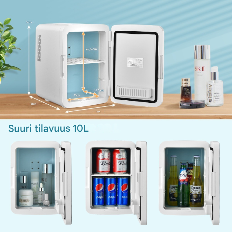 Valkoinen kannettava mini-jääkaappi 10L LED-peilillä