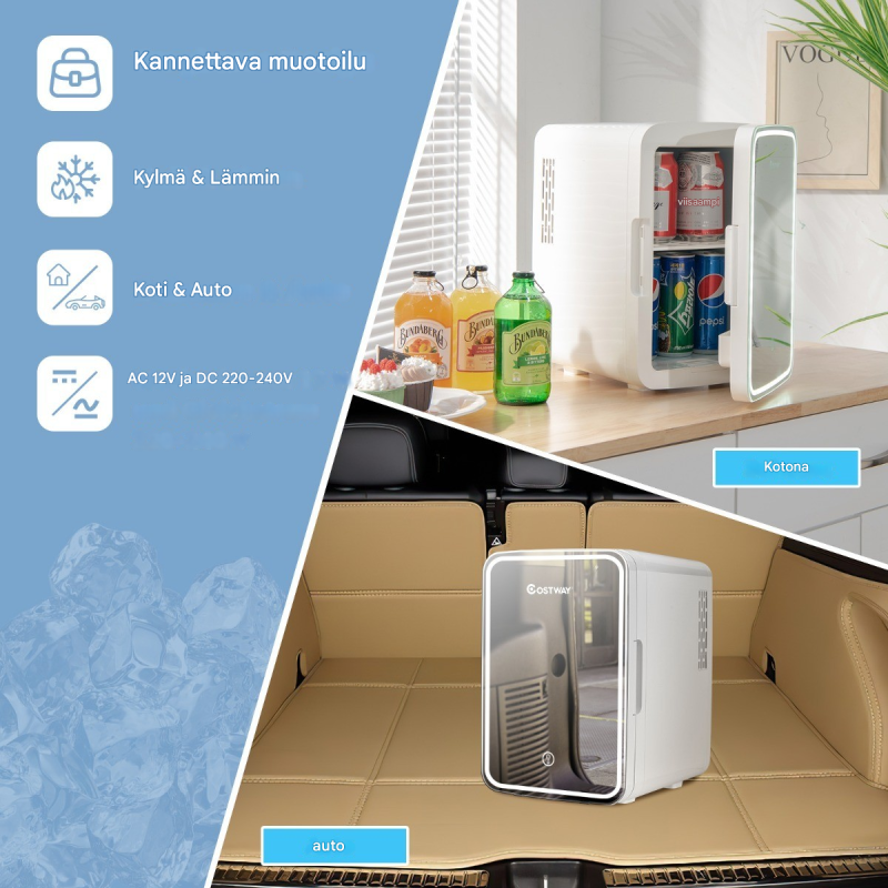 Valkoinen kannettava mini-jääkaappi 10L LED-peilillä
