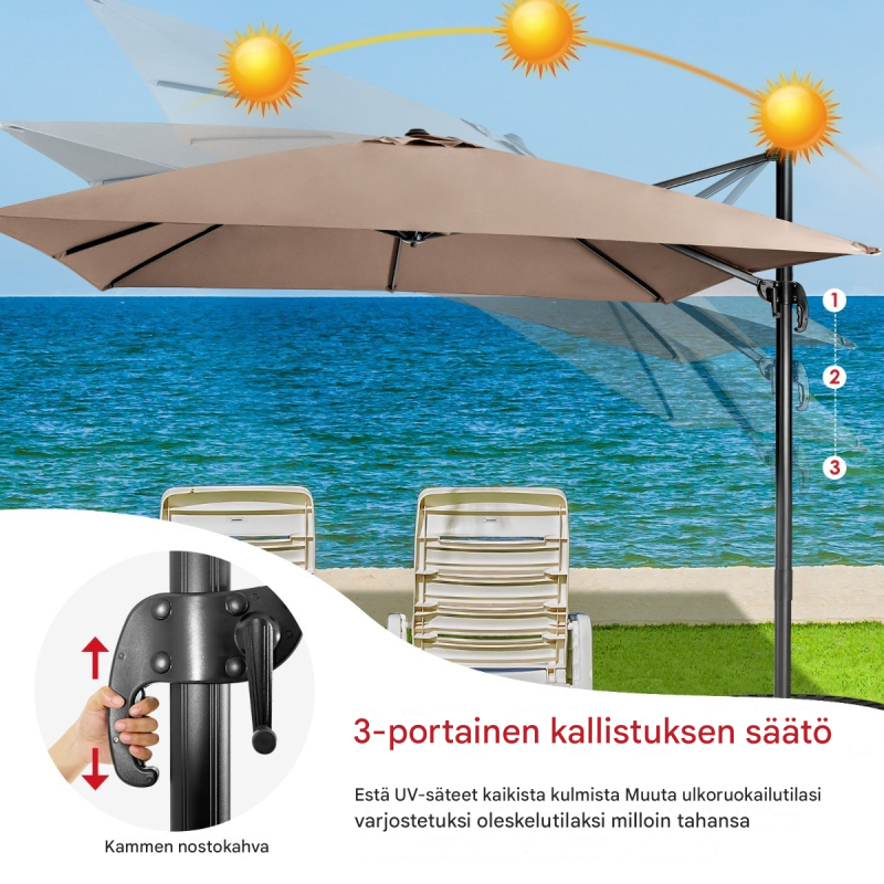 Kahvinruskea terassivarjo 360° kääntyvä puutarhaan ja terassille