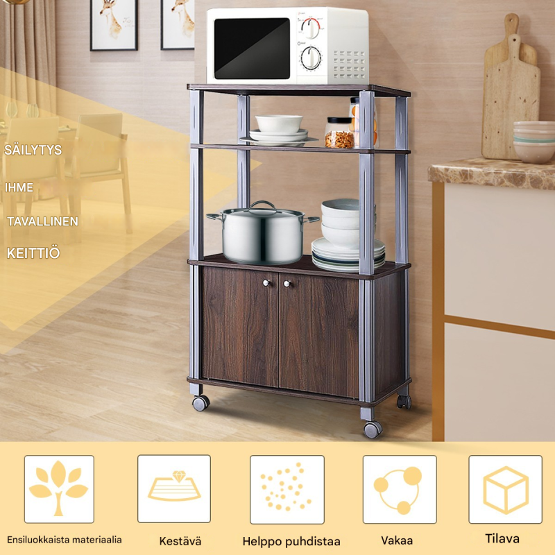 Ruskea monikäyttöinen keittiöhylly pyörillä ja säilytystilalla