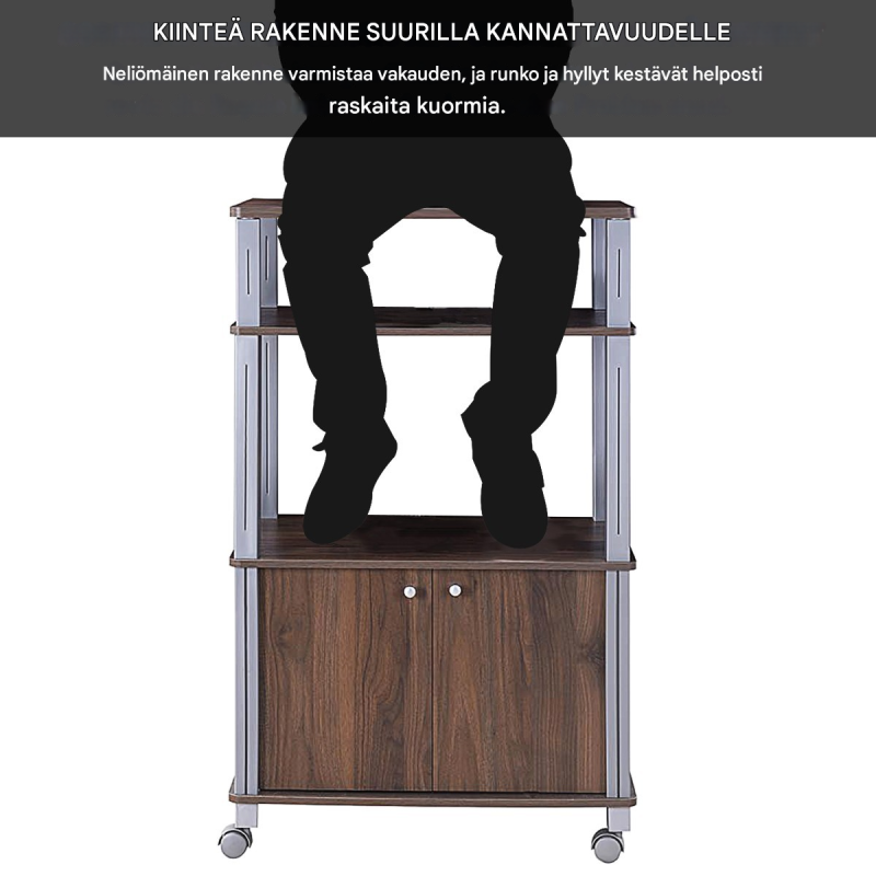 Ruskea monikäyttöinen keittiöhylly pyörillä ja säilytystilalla