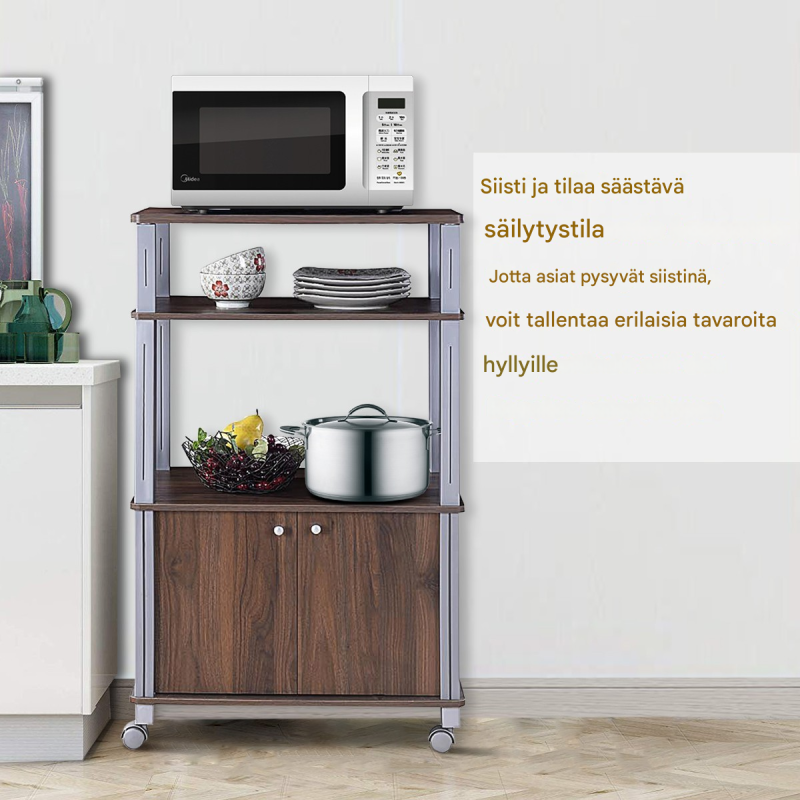 Ruskea monikäyttöinen keittiöhylly pyörillä ja säilytystilalla
