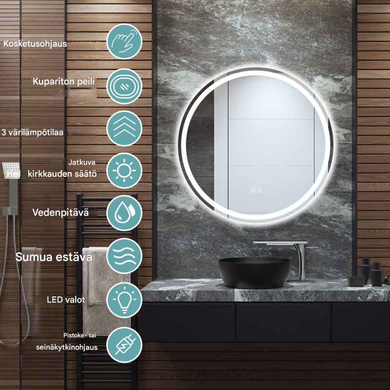 Pyöreä hopeinen LED-seinäpeili, säädettävä valaistus, huurteenpoisto