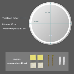 Pyöreä hopeinen LED-seinäpeili, säädettävä valaistus, huurteenpoisto