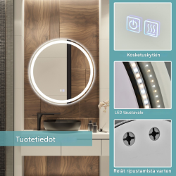 Pyöreä hopeinen LED-seinäpeili, säädettävä valaistus, huurteenpoisto