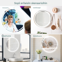 Pyöreä hopeinen LED-seinäpeili, säädettävä valaistus, huurteenpoisto