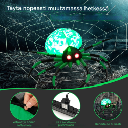 Ilmatäytteinen halloween-hämähäkki pyörivillä valoilla ja verkolla