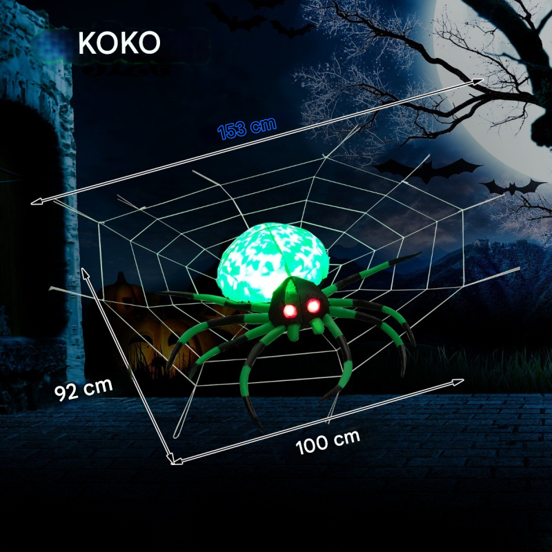 Ilmatäytteinen halloween-hämähäkki pyörivillä valoilla ja verkolla