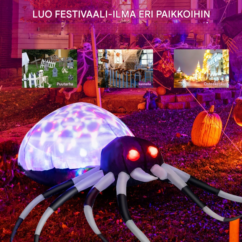 Puhallettava violetti Halloween-hämähäkki monivärisillä valoilla ulkokäyttöön