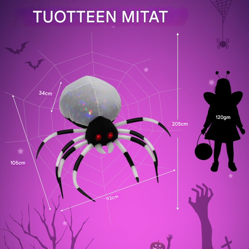 Puhallettava violetti Halloween-hämähäkki monivärisillä valoilla ulkokäyttöön