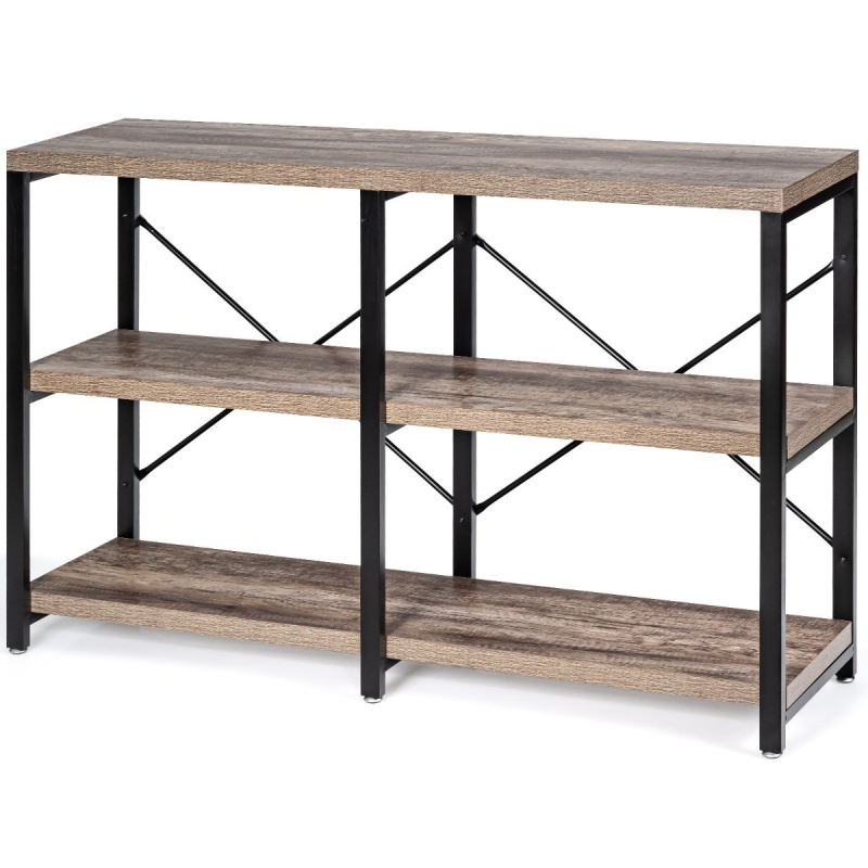 Rustikaalinen 3-tasoinen konsolipöytä säilytyshyllyillä ja metallirungolla