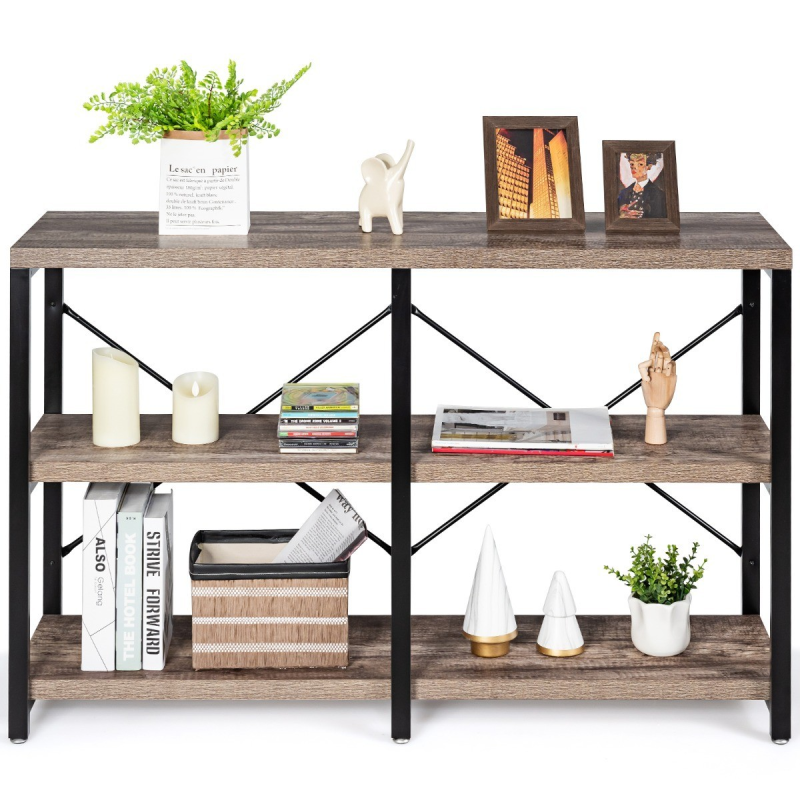 Rustikaalinen 3-tasoinen konsolipöytä säilytyshyllyillä ja metallirungolla
