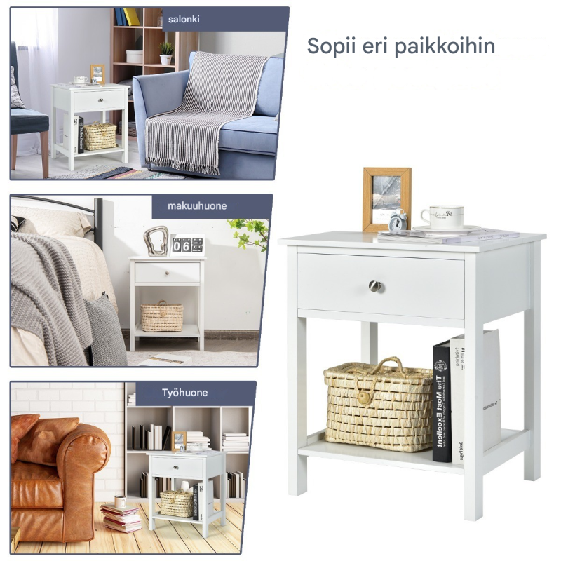 Valkoinen moderni yöpöytä laatikolla ja hyllyllä