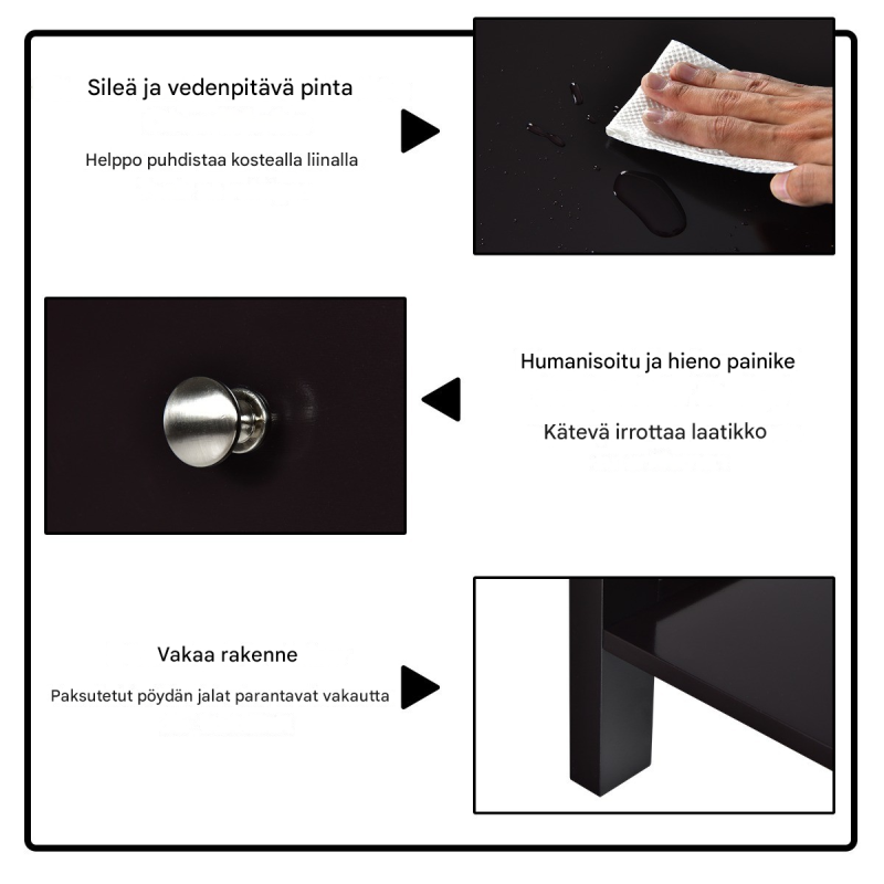 Moderni musta yöpöytä laatikolla ja hyllyllä