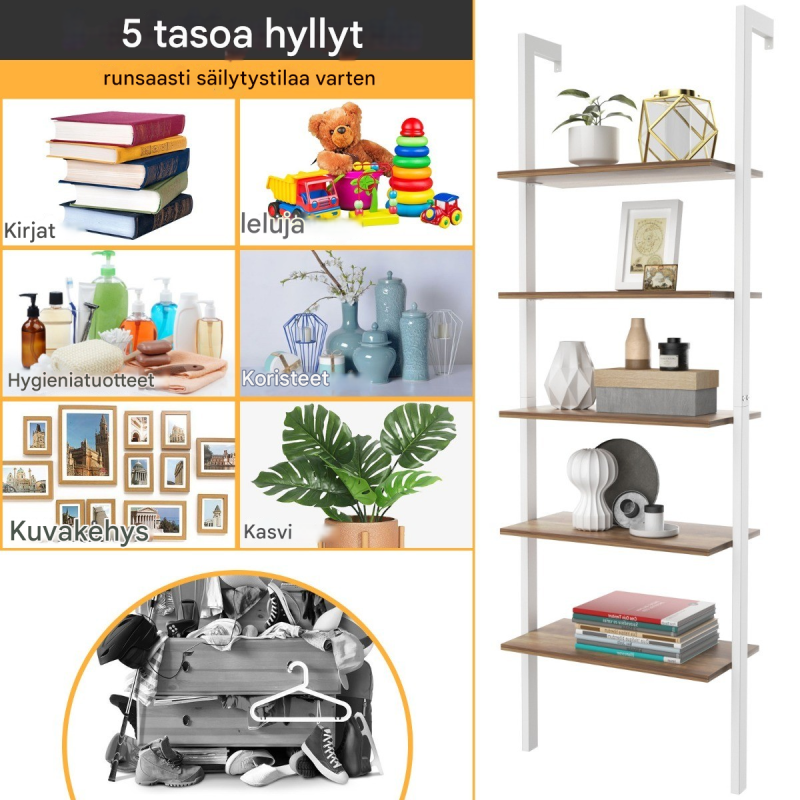 Valkoinen 5-tasoinen lehtihylly metallikehyksellä Valkoinen 5-tasoinen lehtihylly metallikehyksellä