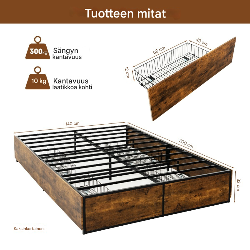 Kestävä metallisänky neljällä laatikolla, rustiikkinen ruskea 140 x 200 cm Kestävä metallisänky neljällä laatikolla, rustiikkinen ruskea 140 x 200 cm