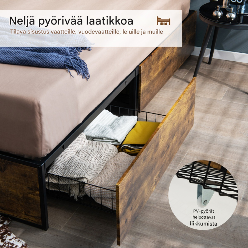 Kestävä metallisänky neljällä laatikolla, rustiikkinen ruskea 140 x 200 cm Kestävä metallisänky neljällä laatikolla, rustiikkinen ruskea 140 x 200 cm