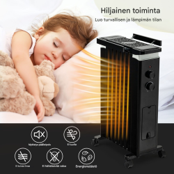 Kannettava musta öljytäytteinen lämmitin 3 tehotasolla ja pyörillä