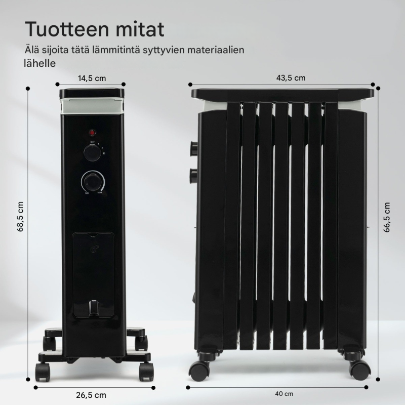 Kannettava musta öljytäytteinen lämmitin 3 tehotasolla ja pyörillä