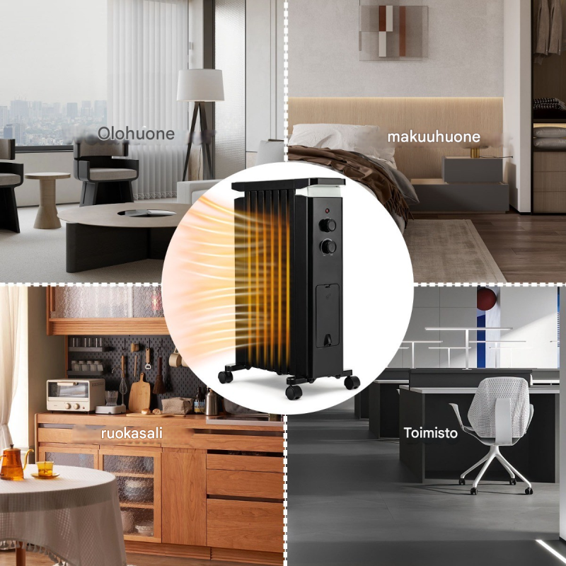 Kannettava musta öljytäytteinen lämmitin 3 tehotasolla ja pyörillä