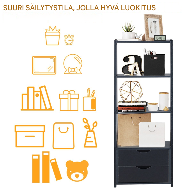 Moderni musta tikashylly neljällä tasolla ja laatikoilla Moderni musta tikashylly neljällä tasolla ja laatikoilla